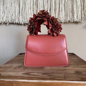 Zara Vegan Salmon Pink 3D Floral Top Handle Crossbody Strap Structured Small Bag